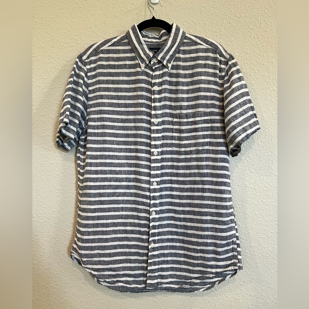 J. Crew linen blue white strip short sleeve button down shirt size medium